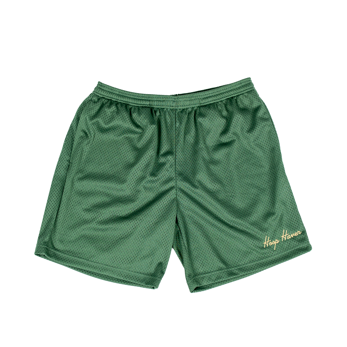 Script Mesh Shorts - Green w/ Gold Script – Hoop Haven