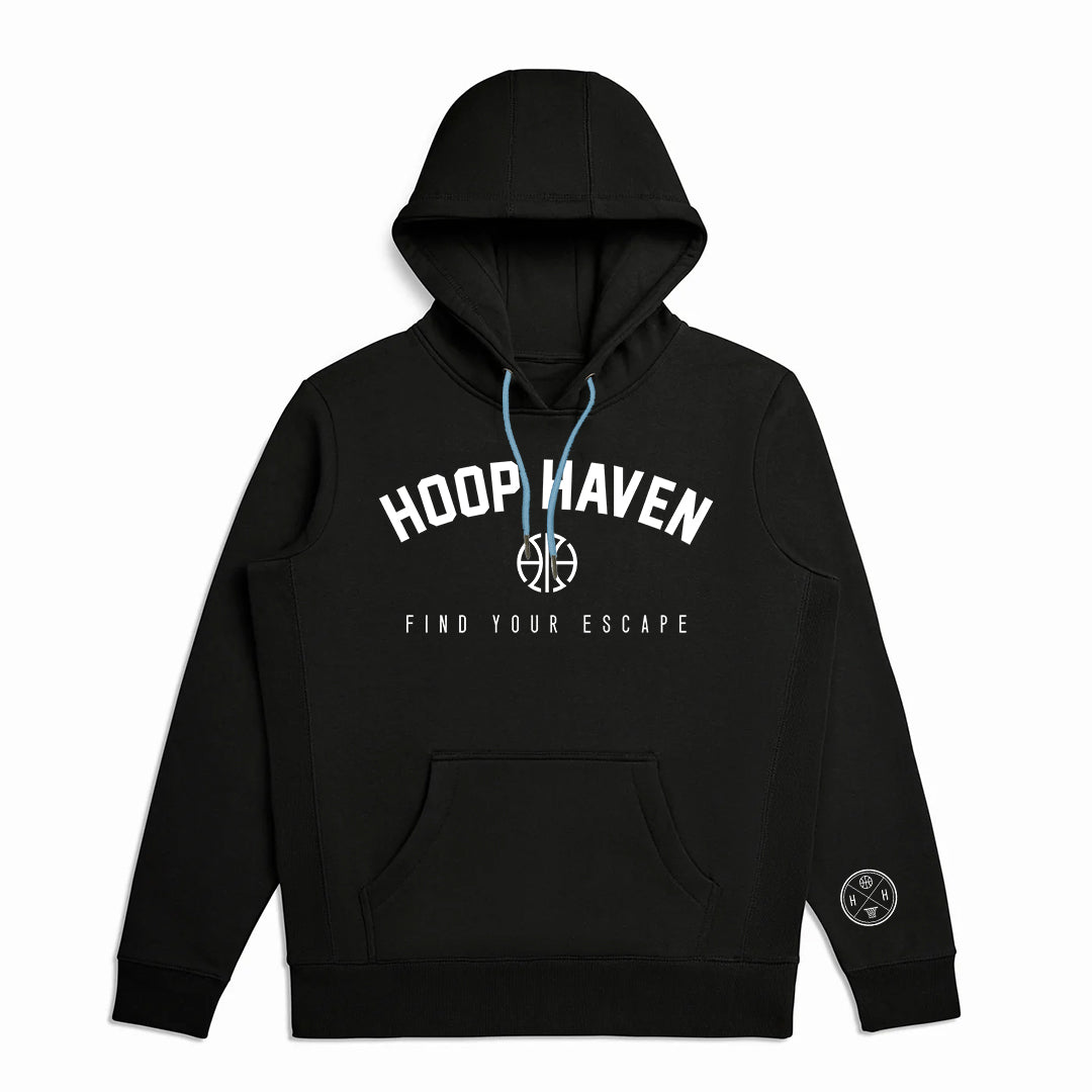 Black Hoodie with White Text that says "Hoop Haven, Find Your Escape"